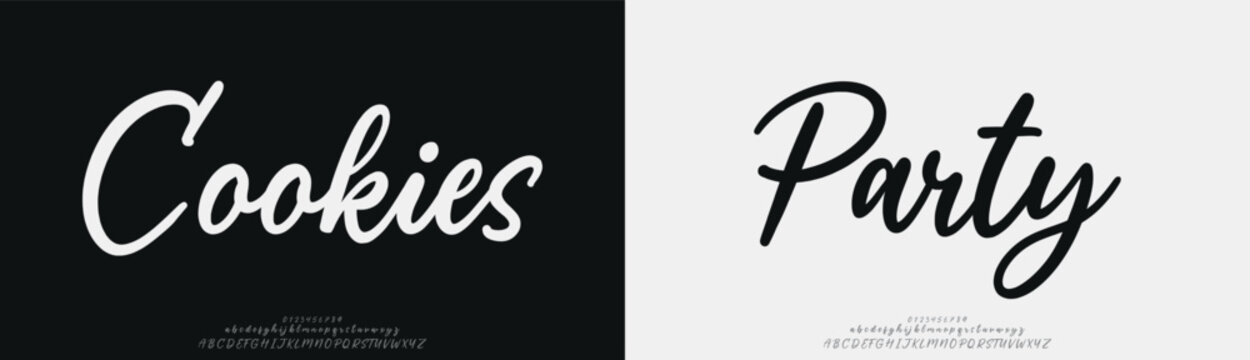 Cookies Party, Elegant Script font alphabet uppercase lowercase and number. Classic lettering minimal fashion designs. Typography modern serif fonts regular decorative vintage concept. Vector illustra