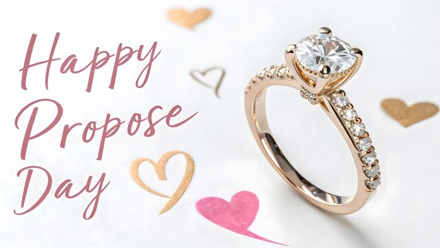 Luxury gold diamond engagement ring with hearts proposal text on pink background for happy propose day celebration