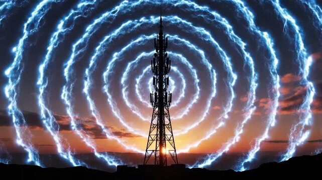 Telecommunication Tower Emitting Blue Electromagnetic Waves at Sunset