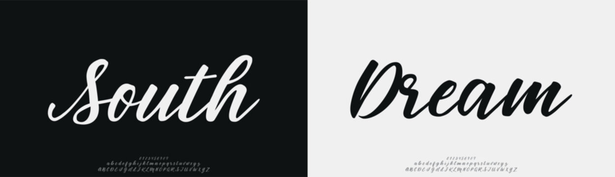 South Dream, Abstract Script Fashion font alphabet. Minimal modern urban fonts for logo, brand etc. Typography typeface uppercase lowercase and number. vector illustration
