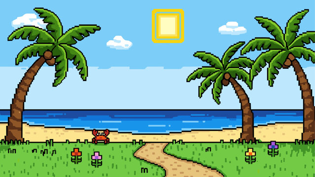 Pixel Art Tropical Beach Scene