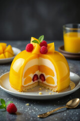 A glossy mango mirror glaze mousse cake with a slice removed, showing layered white cream, mango filling, and whole raspberries inside. Topped with fresh mango chunks, raspberries, and mint leaves.