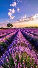 A serene lavender field at sunset with vibrant purple blooms