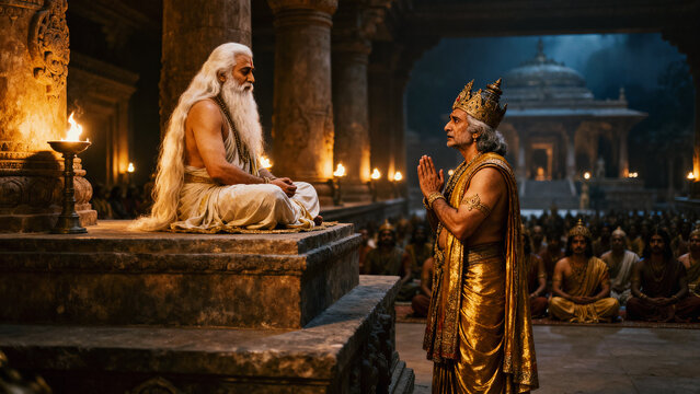 An artistic depiction of King Dasharatha seeks blessings from Rishi Vashishta to continue the Ikshvaku lineage