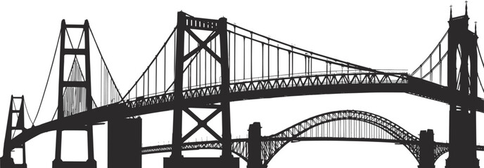 Bridge silhouettes, suspension bridge, cable‑stayed bridge, arch bridge, truss bridge, engineering design, iconic bridges illustration