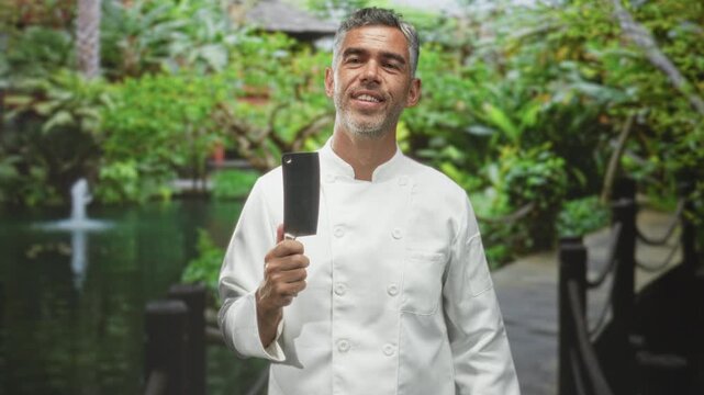 Man chef in white coat holding cleaver and pointing finger to temple on building walkway; confidence craft hospitality.