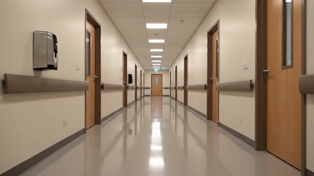 Long, empty hospital corridor with wooden doors and beige walls, featuring a shiny floor and handrails, stretching into the distance.