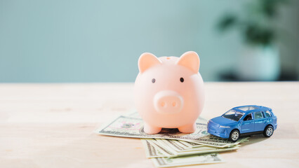 Naklejka premium Car money piggy bank save auto insurance fuel refinance loan finance drive gas transportation cost with banknotes helps manage budget for vehicle maintenance and automobile expense