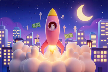 Nighttime business startup concept with rocket ship and moon background.
