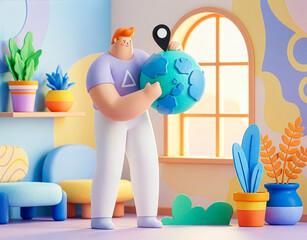 Travel planning concept with character holding earth map in a modern living room.