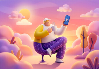 3D illustration of a man relaxing in a chair with a smartphone and coffee at sunset.