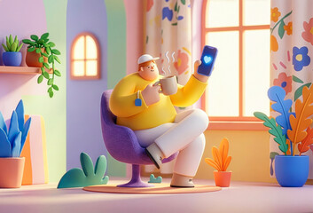 Cozy home interior concept with character checking social media and drinking tea.