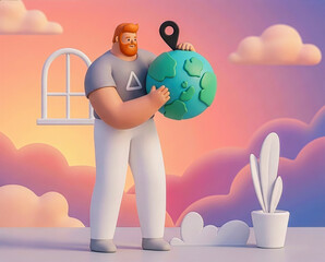 Travel and navigation concept with character holding planet earth against pink clouds.