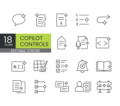 A set of 18 vector icons representing AI copilot features and productivity tools, created in line style with editable stroke.
