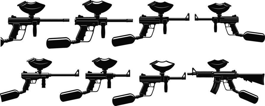 Professional paintball marker and gun silhouette collection featuring various tactical equipment designs for extreme sports team logos and tournament branding vector elements.