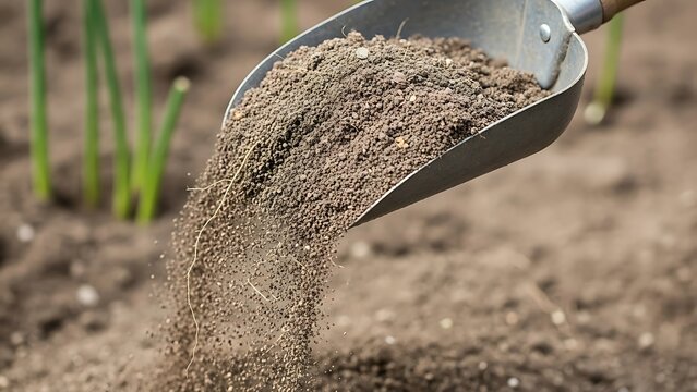 Fresh soil falling from a shovel in garden preparation for planting