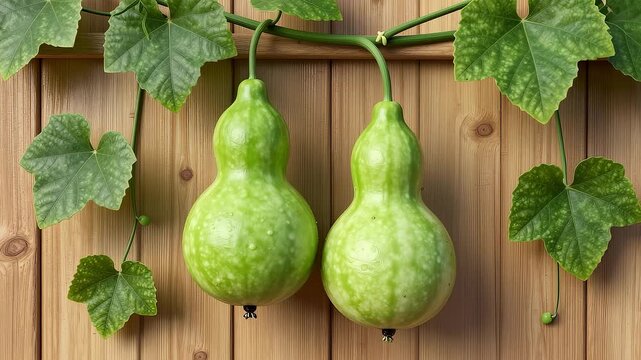 Two fresh green calabashes hanging on a wooden wall
