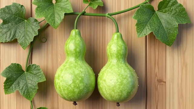 Fresh green calabashes hanging on a natural wood texture background