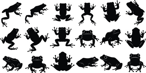 Obraz premium Large set of frog silhouettes and toad icons in various poses including jumping, sitting, and swimming for nature and wildlife designs.