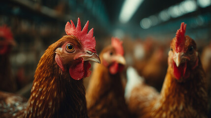 Close up 3 chickens and lot of chickens in the big farm , animal photo.