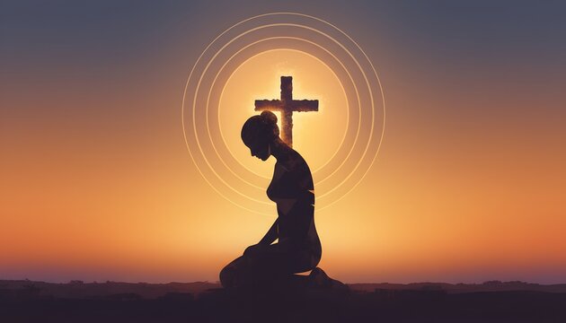 Woman Praying in Silhouette at Sunset with Cross and Halo Effect