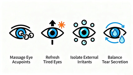 Obraz premium The combination of acupoints and tear icons can massage acupoints around the eyes, activate tired eyes, isolate external stimuli, and balance tear secretion, suitable for eye care scenarios. 