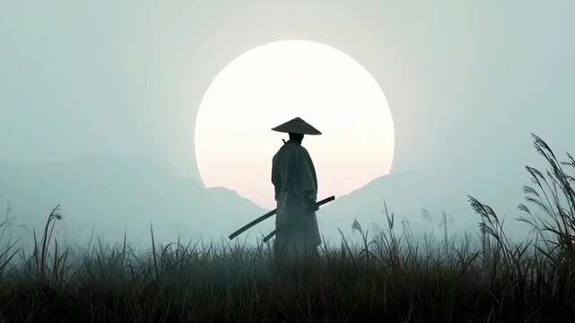 Samurai warrior silhouette standing in tall grass against giant rising sun, cinematic misty landscape with mountains, minimal composition, epic historical mood, atmospheric background with copy space