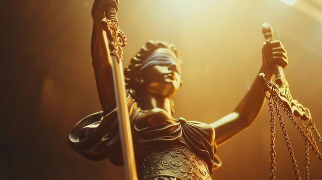Symbol of justice, Lady Justice statue holding scales and sword in dramatic lighting