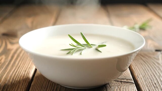 Creamy soup in white bowl with rosemary sprig on rustic wooden table