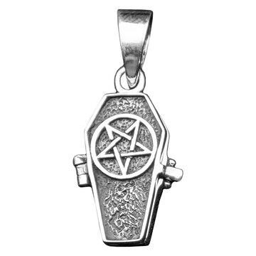 Sterling silver 925 pendant shaped as a coffin with a pentagram on the lid and a skeleton inside. Dark gothic jewelry symbolizing death, occult mysticism, and alternative culture for stock concepts.