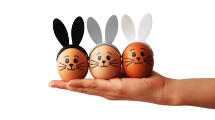 Three festive Easter bunny eggs with black gray and white ears held in a childs hand against a dark background with bright light