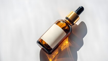 Amber glass dropper bottle with blank label on light background, modern cosmetic or essential oil packaging mockup, warm sunlight reflections, perfect for skincare, wellness and beauty branding design