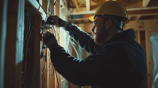 Electrician wearing hard hat and gloves works on wiring in a building under construction
