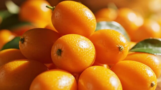 A vibrant pile of fresh, ripe kumquats with their detailed orange skins illuminated