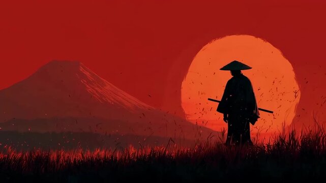 Samurai silhouette walking through red grass field toward Mount Fuji under giant red sun, cinematic Japanese inspired landscape, dramatic minimal composition, epic journey mood, atmospheric background