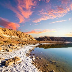 A serene landscape with a body of water, pink clouds, and rugged terrain
