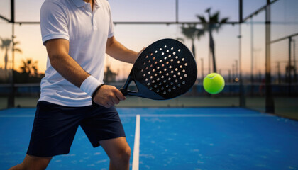 Padel Tennis Player Hitting Ball on Blue Court at Sunset