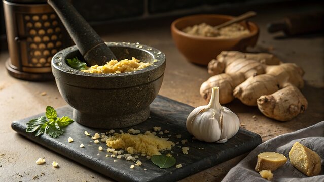 Fresh Ginger Garlic Paste Ground in Stone Mortar and Pestle