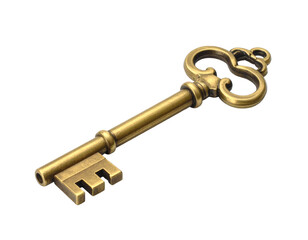 Ornate antique brass skeleton key with intricate bow, isolated on black