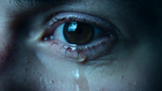 Close-up of a human eye with tears and visible emotions.