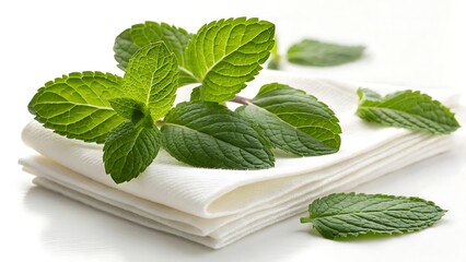 Fresh Mint Leaves Stacked on White Napkin