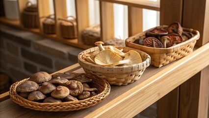 Dried Shiitake and Reishi Mushrooms in Rustic Baskets