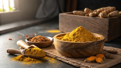 Vibrant Turmeric Powder and Roots in Rustic Setting