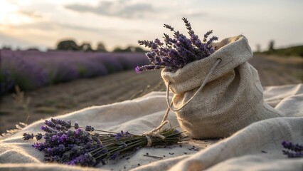 Lavender Harvest in Burlap Sack Outdoors