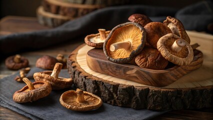 Dried Shiitake and Reishi Mushrooms on Rustic Wooden Slices