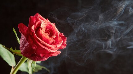 Red rose releasing smoke in dark background in a unique display
