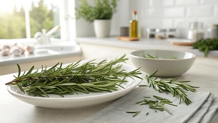 Fresh Rosemary Sprigs on a Kitchen Counter
