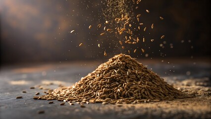 Cumin Seeds Piled and Falling in Focused Light