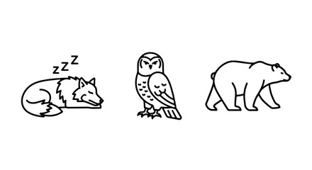 Obraz premium Cute line art icons of a sleeping wolf, an owl, and a bear, representing forest animals and wildlife.