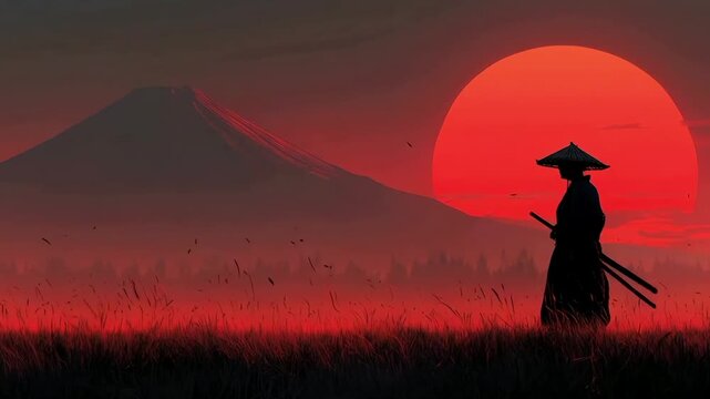 Samurai silhouette standing in grass against giant red sun with mountain backdrop, cinematic Japanese inspired landscape, dramatic minimal composition, epic warrior mood, atmospheric scene with copy s